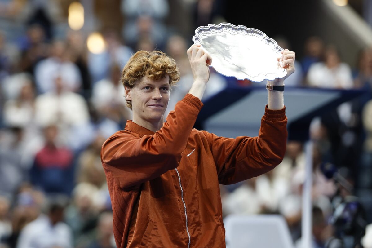 Sep 7, 2025; Flushing, NY, USA; Jannik Sinner (ITA) holds the runners up trophy after losing to Carlos Alcaraz (ESP) (not pictured) in the final of mens singles at Billie Jean King National Tennis Center.