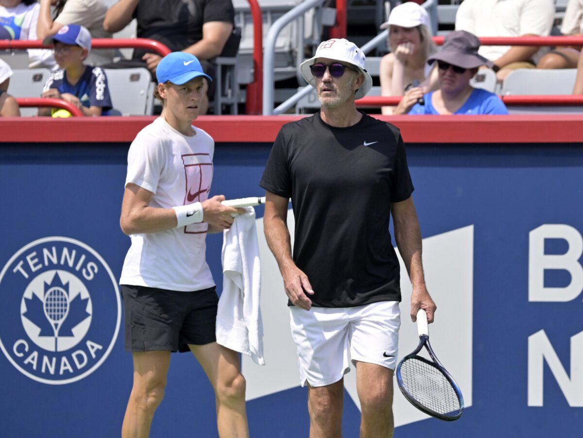 Aug 3, 2024; Montreal, Quebec, Canada; Jannik Sinner (ITA) (left) and coach Darren Cahill during practice at IGA Stadium.