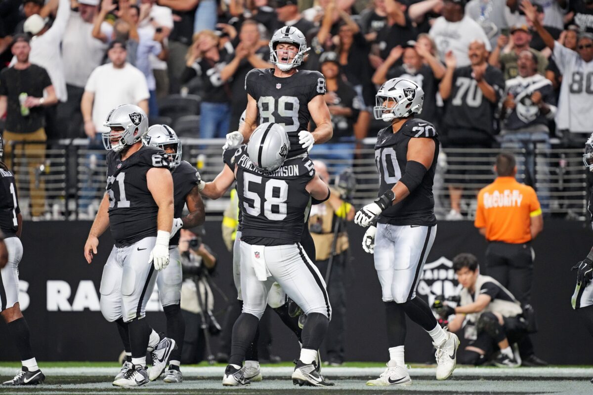 Las Vegas Raiders tight end Brock Bowers (89) celebrates after a touchdown during the second half against the Jacksonville Jaguars at Allegiant Stadium.