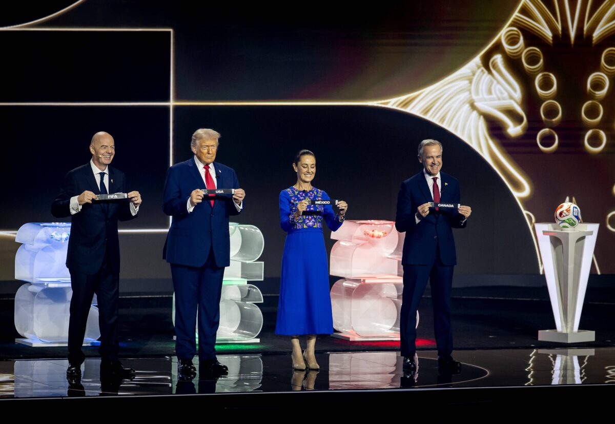 FIFA President Gianni Infantino with President Donald Trump, Mexican President Claudia Sheinbaum, and Canadian Prime Minister Mark Carney during the draw for the 2026 World Cup in the United States.