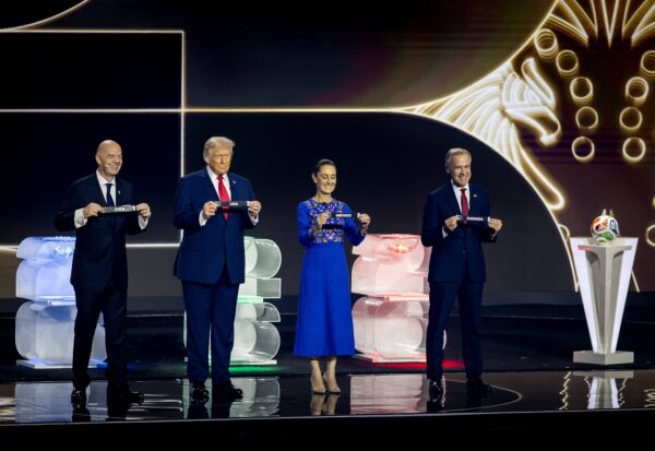 FIFA President Gianni Infantino with President Donald Trump, Mexican President Claudia Sheinbaum, and Canadian Prime Minister Mark Carney during the draw for the 2026 World Cup in the United States.
