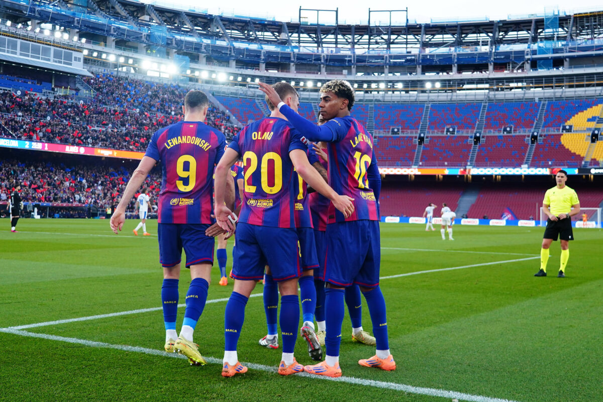 Dani Olmo of FC Barcelona celebrates after scoring the 2-1 with his teammate Lamine Yamal of FC Barcelona during the La Liga EA Sports match between FC Barcelona and Deportivo Alaves played at Spotify Camp Nou Stadium on November 29 2025 in Barcelona, Spain.