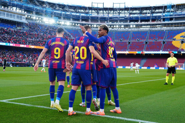 Dani Olmo of FC Barcelona celebrates after scoring the 2-1 with his teammate Lamine Yamal of FC Barcelona during the La Liga EA Sports match between FC Barcelona and Deportivo Alaves played at Spotify Camp Nou Stadium on November 29 2025 in Barcelona, Spain.