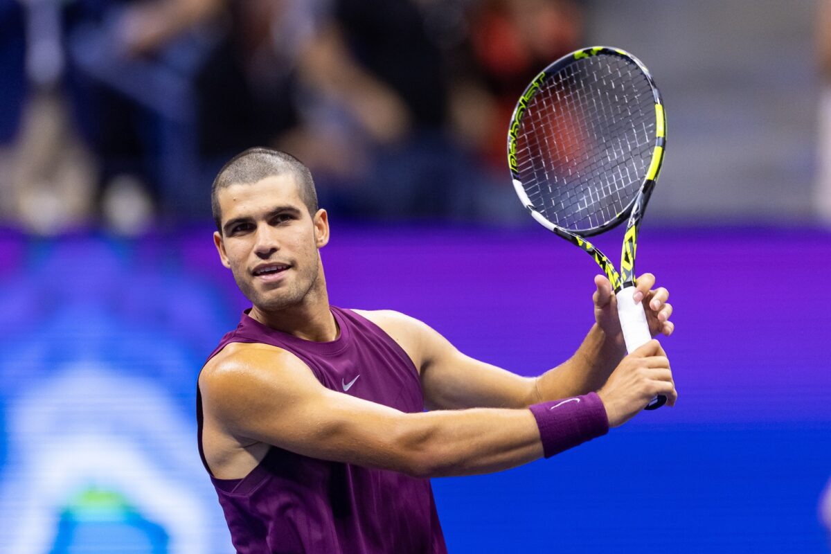 Aug 27, 2025; Flushing, NY, USA; Carlos Alcaraz of Spain celebrates after his victory over Mattia Bellucci of Italy in the second round of the men’s singles at the US Open at Arthur Ashe Stadium in Billie Jean King National Tennis Center.