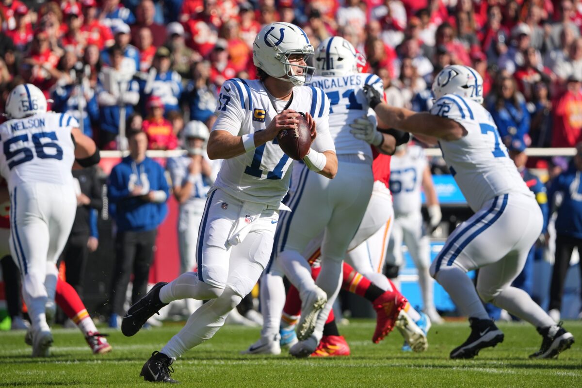 Indianapolis Colts quarterback Daniel Jones (17) looks to pass against the Kansas City Chiefs in the first quarter at GEHA Field at Arrowhead Stadium.