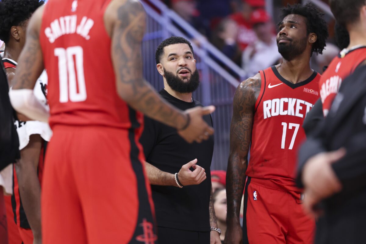 Houston Rockets guard Fred VanVleet (5) talks with teammates during the third quarter against the Detroit Pistons at Toyota Center.