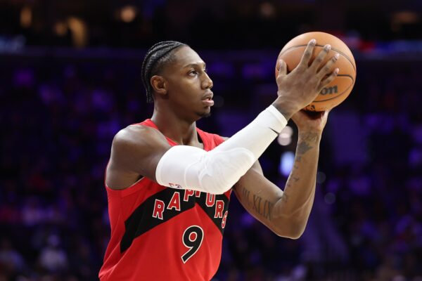 Toronto Raptors forward RJ Barrett (9) shoots the ball against the Philadelphia 76ers during the fourth quarter at Xfinity Mobile Arena.
