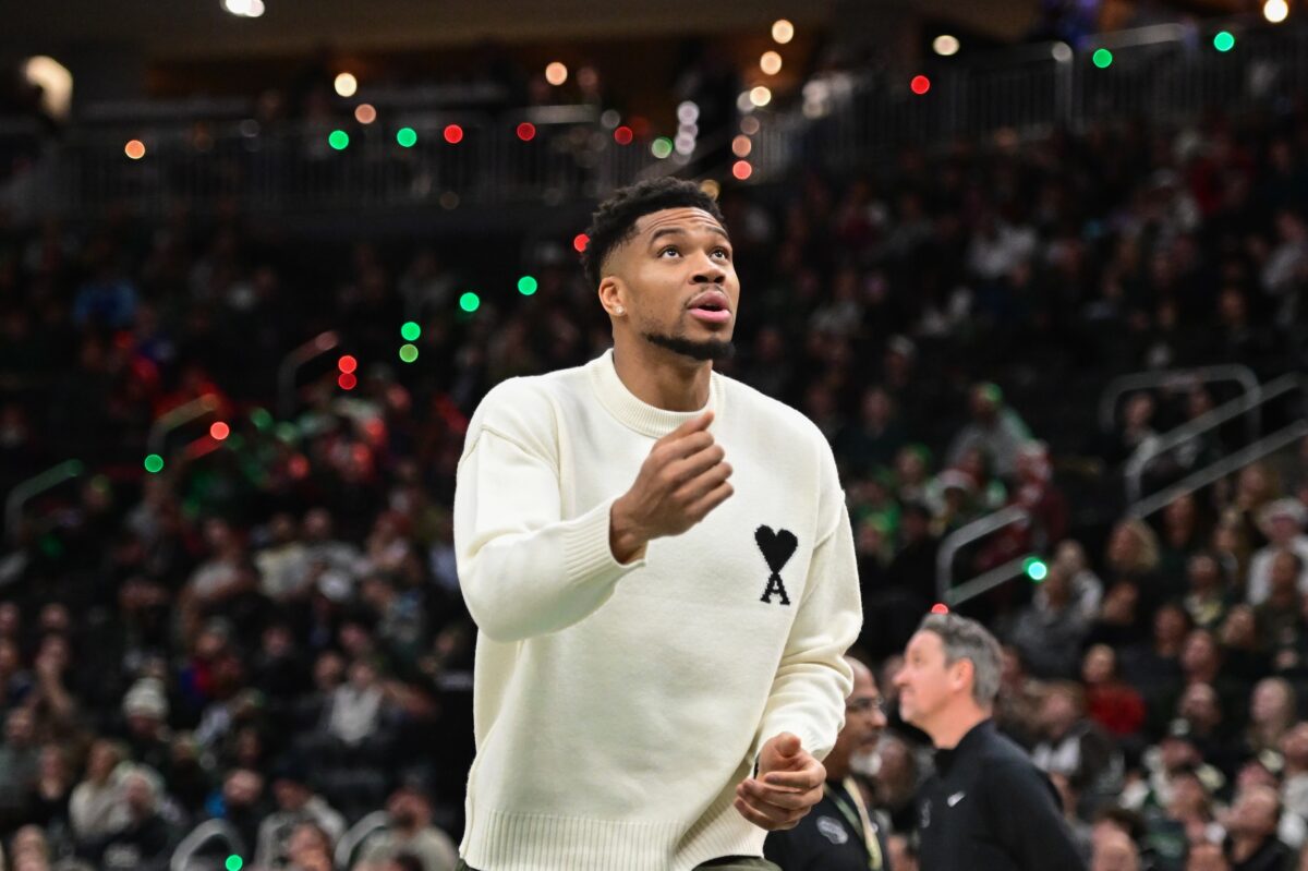 Milwaukee Bucks forward Giannis Antetokounmpo (34) during the fourth quarter against the Toronto Raptors while recovering from an injury at Fiserv Forum.