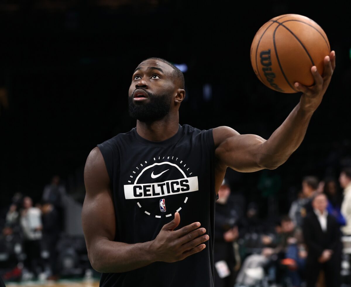 Boston Celtics guard Jaylen Brown (7) shoots before their game against the Los Angeles Lakers at TD Garden.