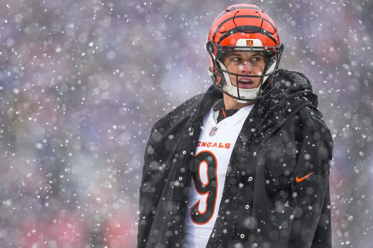Cincinnati Bengals quarterback Joe Burrow (9) paces during an official review in the second quarter of the NFL Week 14 game between the Buffalo Bills and the Cincinnati Bengals at Highmark Stadium in Orchard Park.