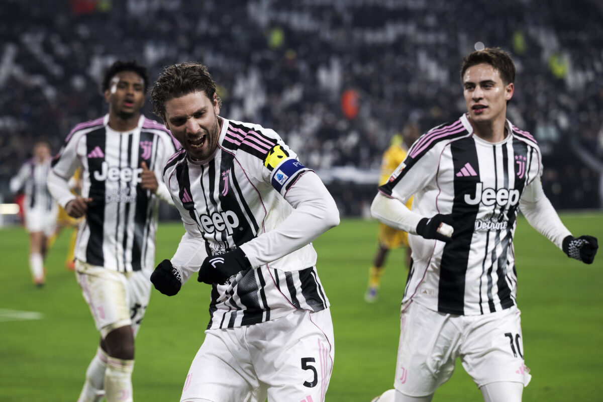 Coppa Italia Manuel Locatelli of Juventus FC celebrates with Kenan Yildiz of Juventus FC after scoring a goal from a penalty kick during the Coppa Italia football match between Juventus FC and Udinese Calcio.