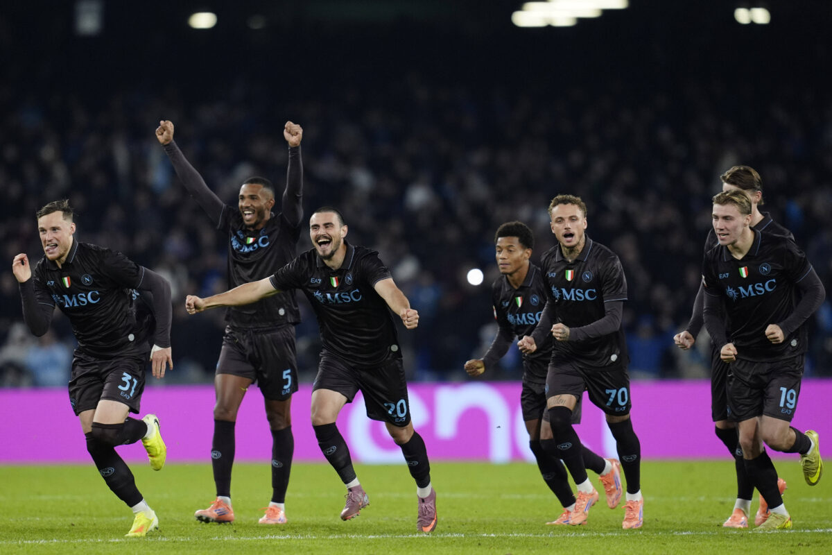 Sam Beukema (SSC Napoli), Juan Jesus (SSC Napoli), Eljif Elmas (SSC Napoli), David Neres (SSC Napoli), Noa Lang (SSC Napoli), Scott McTominay (SSC Napoli) and Rasmus Hojlund (SSC Napoli) celebrate after winning, Coppa Italia, SSC Napoli v Cagliari Calcio, Diego Armando Maradona Stadium, December 3, 2025, Naples, Italy.