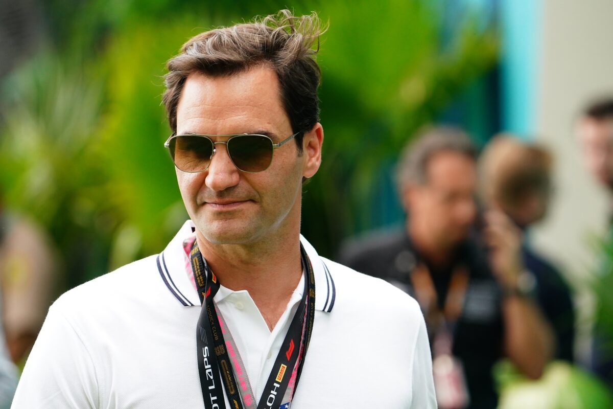 May 7, 2023; Miami Gardens, Florida, USA; Former tennis player Roger Federer arrives for the Miami Grand Prix at Miami International Autodrome.