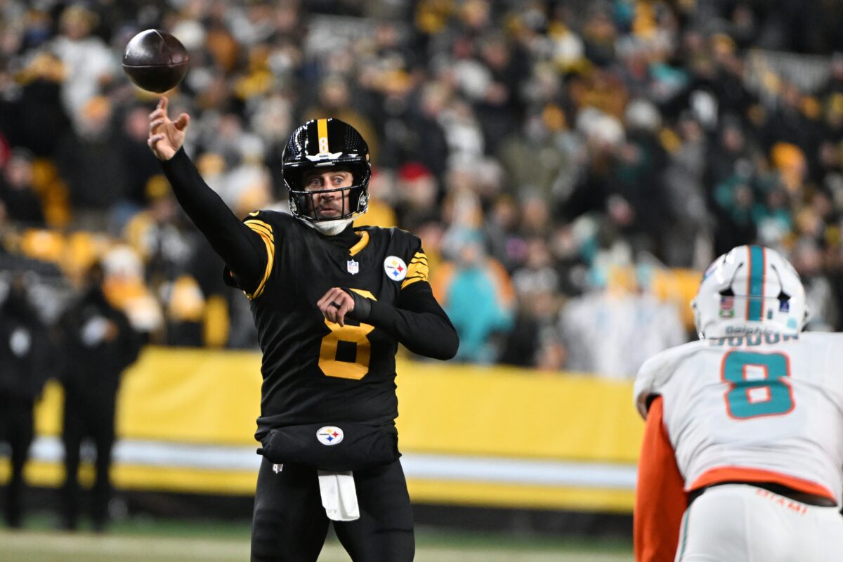 Pittsburgh Steelers quarterback Aaron Rodgers (8) throws in the second quarter against the Miami Dolphins at Acrisure Stadium.