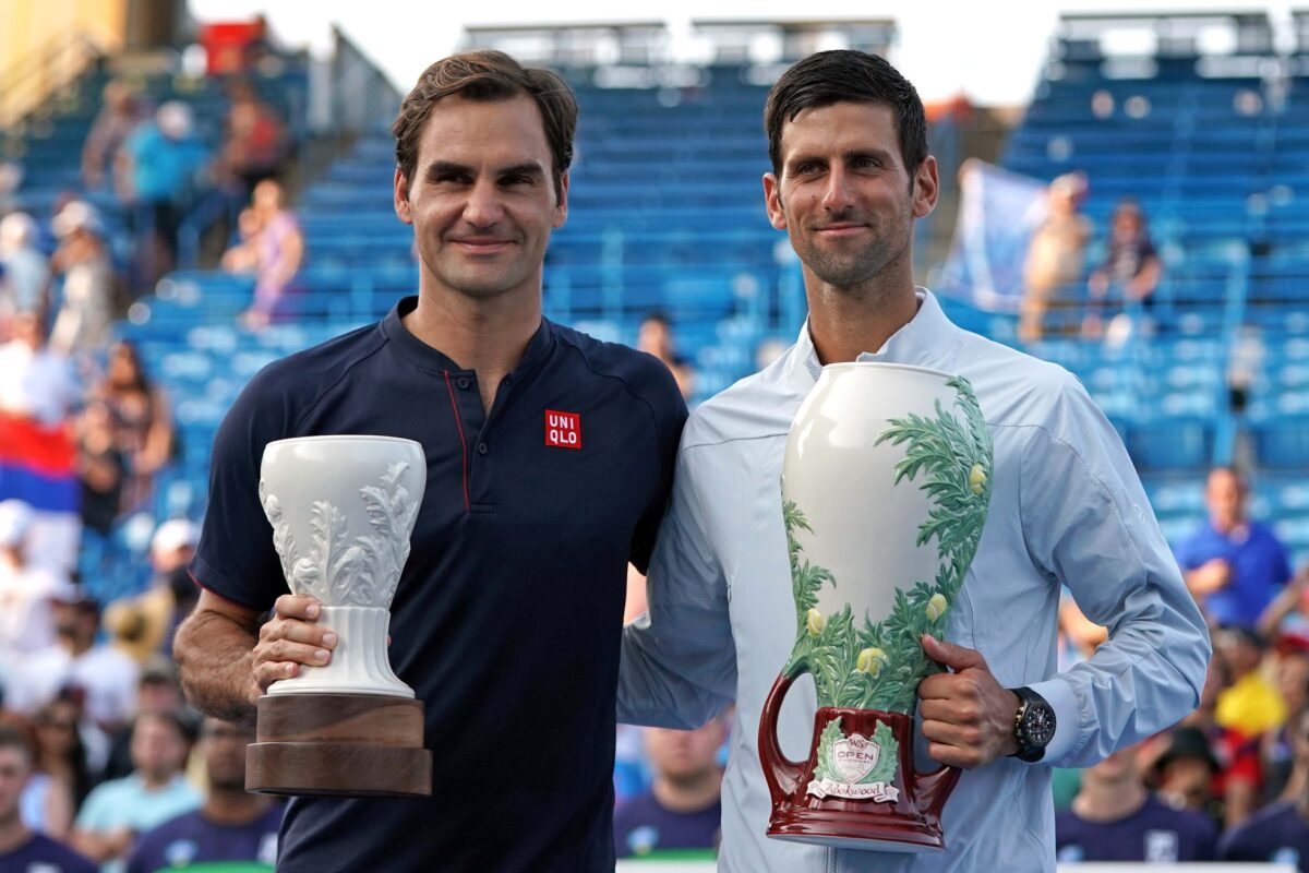 Aug 19, 2018; Mason, OH, USA; Roger Federer (left) and Novak Djokovic (right) pose for photos after the finals in the Western and Southern tennis open at Lindner Family Tennis Center.