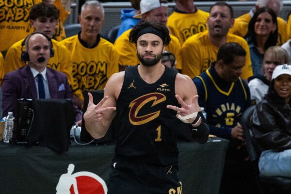 Cleveland Cavaliers guard Max Strus (1) celebrates a made basket during game three of the second round for the 2025 NBA Playoffs against the Indiana Pacers at Gainbridge Fieldhouse.