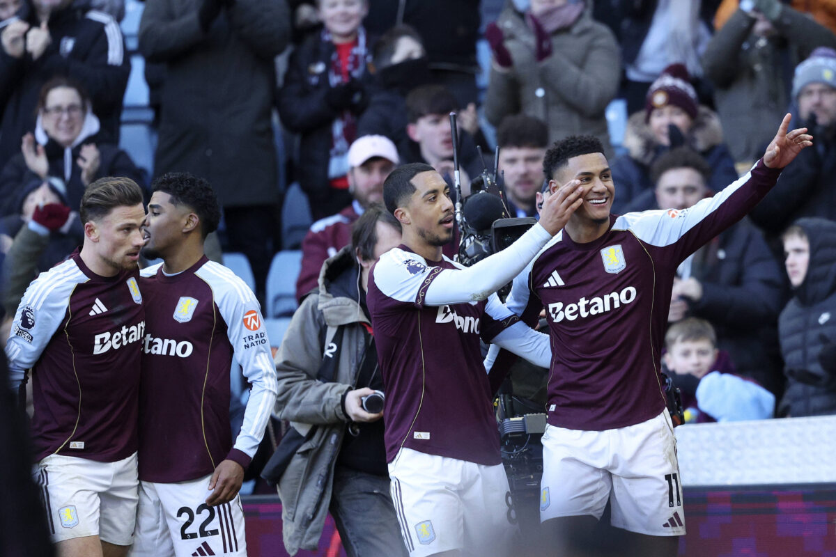 Youri Tielemans of Aston Villa and Ollie Watkins of Aston Villa celebrate 1st goal during the Premier League match between Aston Villa and Nottingham Forest at Villa Park on January 3, 2026 in Birmingham, England.