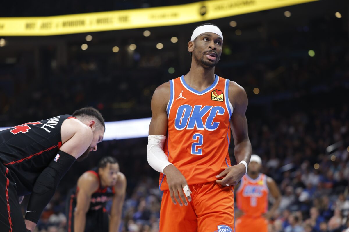 Oklahoma City Thunder guard Shai Gilgeous-Alexander (2) reacts after a play against the Toronto Raptors during the second half at Paycom Center.