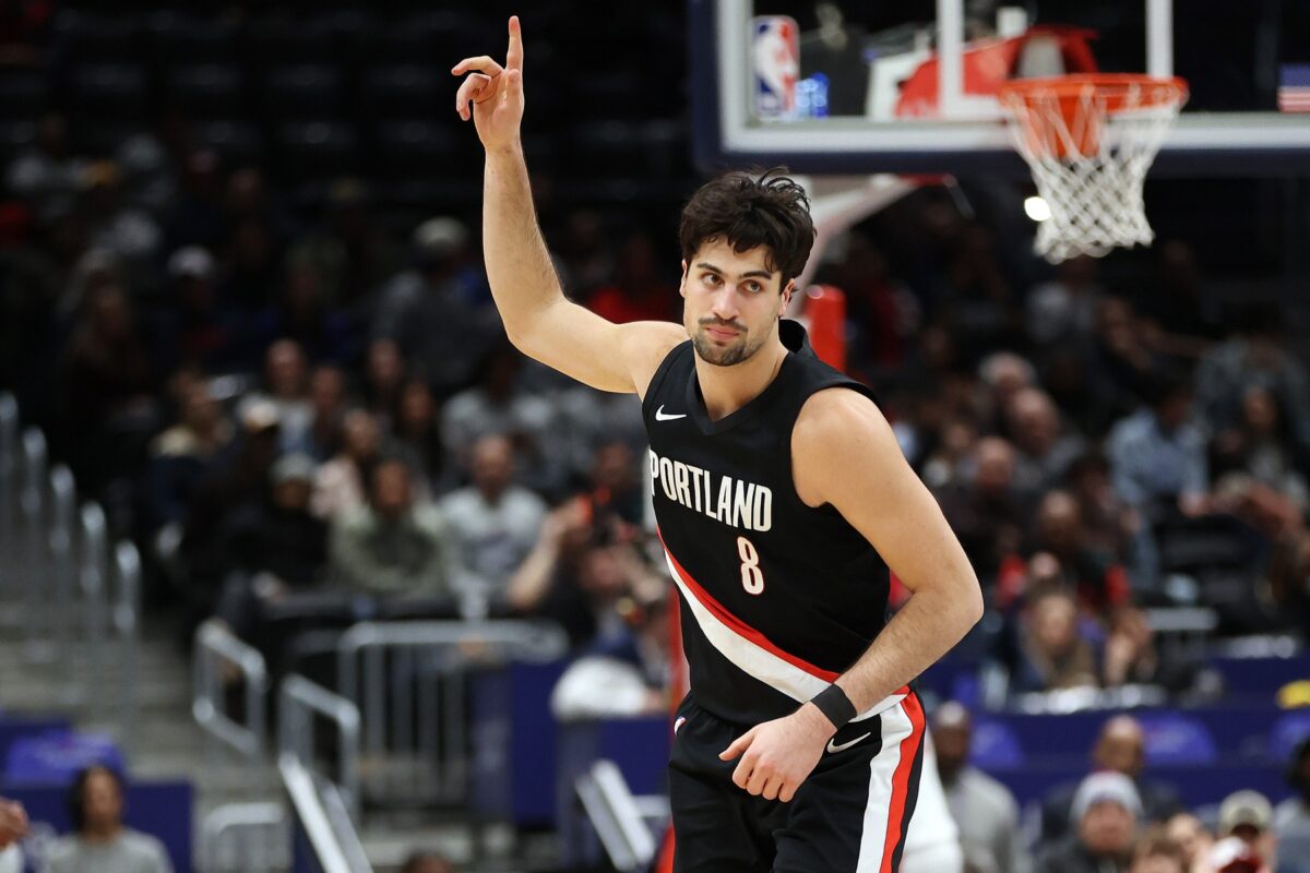 District of Columbia, USA; Portland Trail Blazers forward Deni Avdija (8) celebrates during the second half against the Washington Wizards at Capital One Arena.