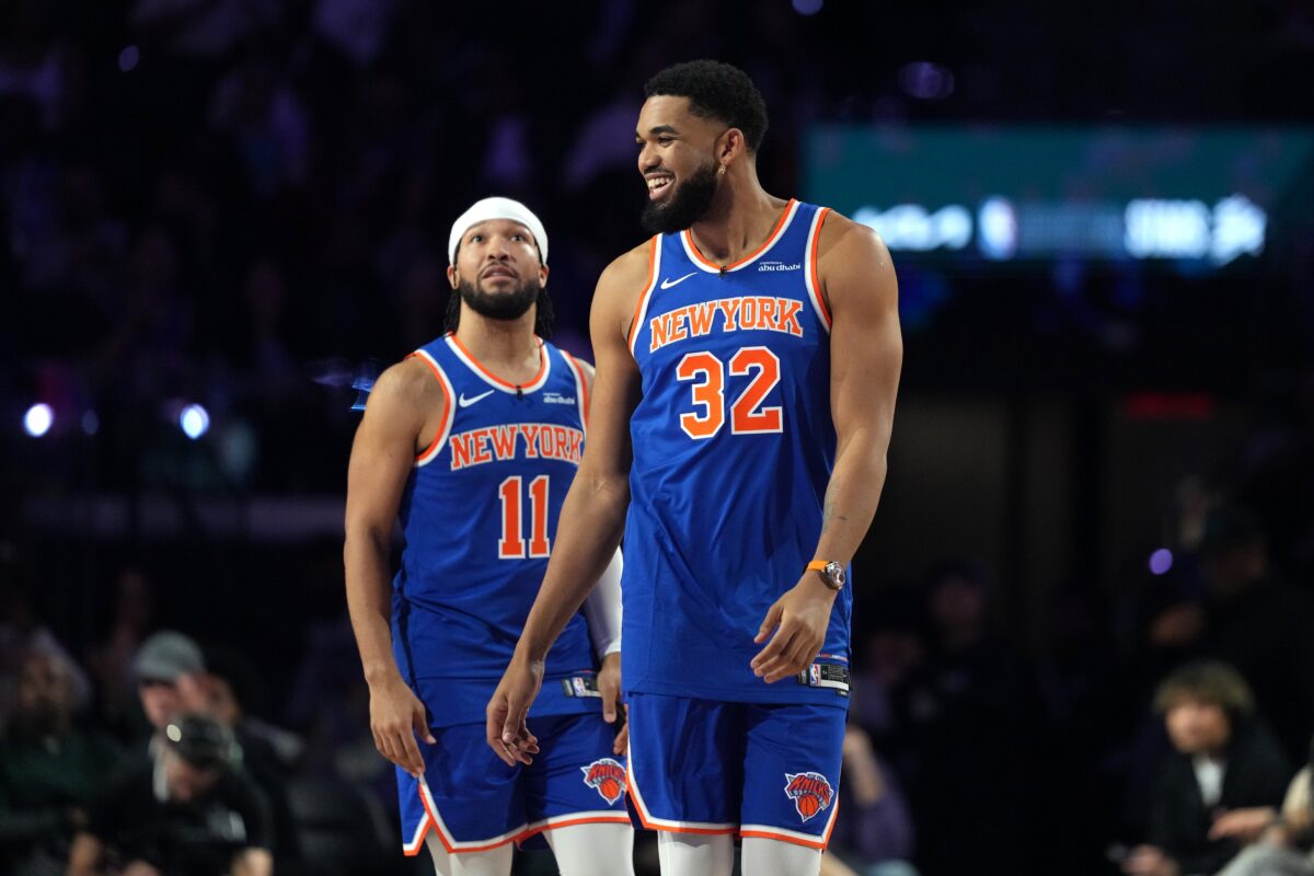 Team Knicks guard Jalen Brunson (11) of the New York Knicks and center Karl-Anthony Towns (32) of the New York Knicks react during the shooting stars competition during the 2026 NBA All Star Saturday Night at Intuit Dome.