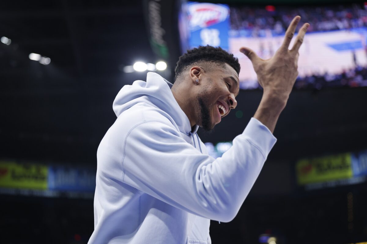 Milwaukee Bucks forward Giannis Antetokounmpo (34) gestures after his team defeated the Oklahoma City Thunder at Paycom Center.