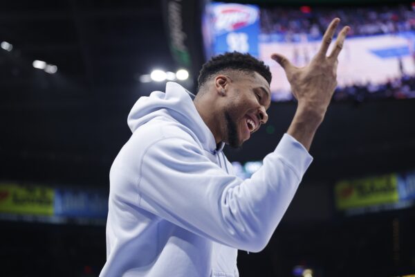 Milwaukee Bucks forward Giannis Antetokounmpo (34) gestures after his team defeated the Oklahoma City Thunder at Paycom Center.