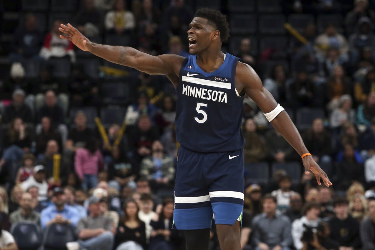 Minnesota Timberwolves guard Anthony Edwards (5) reacts during the fourth quarter against the Memphis Grizzlies at FedExForum.