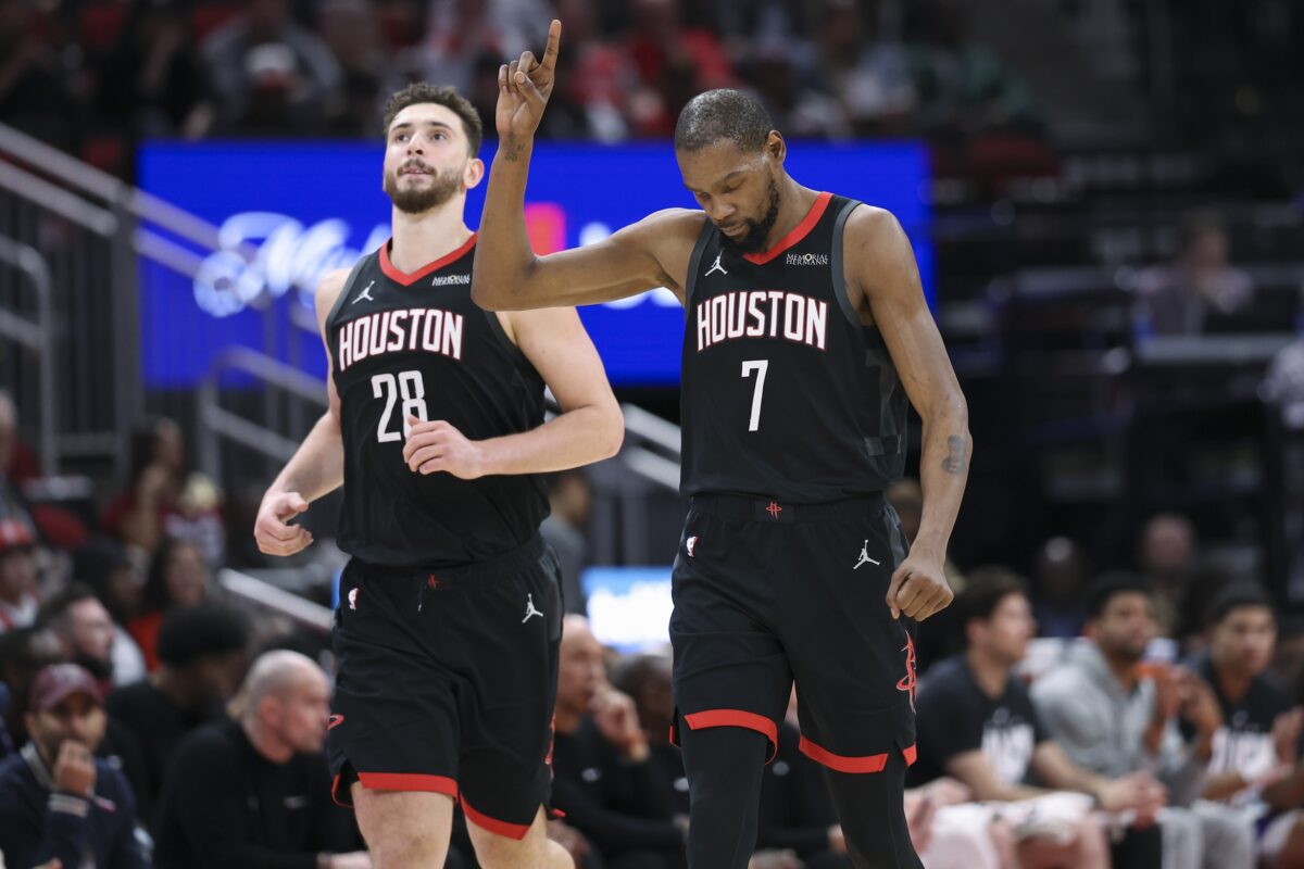Houston Rockets forward Kevin Durant (7) reacts after a turnover during the third quarter against the Sacramento Kings at Toyota Center.