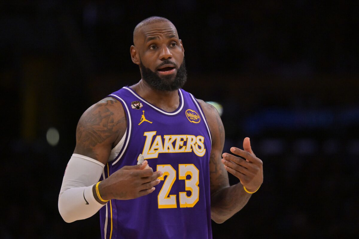 Los Angeles Lakers forward LeBron James (23) reacts after a foul in the second half against the Philadelphia 76ers at Crypto.com Arena.