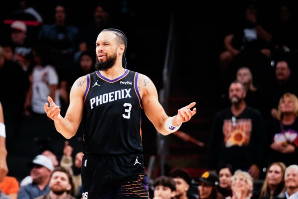 Phoenix Suns guard/forward Dillon Brooks (3) reacts to a call in the second half of the game against the Dallas Mavericks at Mortgage Matchup Center.