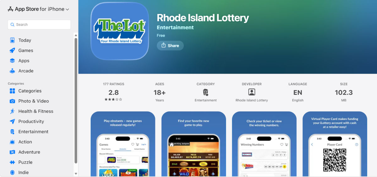 The Rhode Island Lottery app download process for iOS