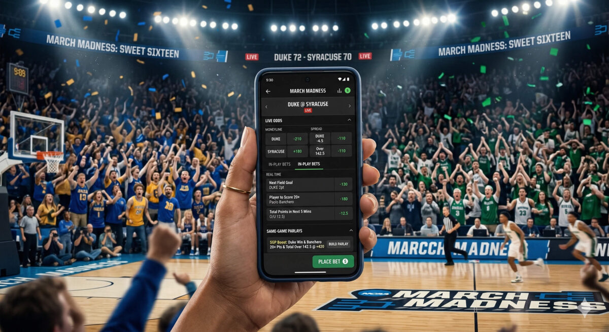 Hyper-realistic image of a college basketball arena during March Madness, crowd cheering, bright lights, combined with a close-up of a smartphone displaying a sportsbook app with live odds, same-game parlays, and in-play bets, cinematic lighting, high detail