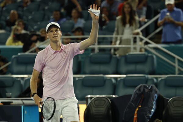 Mar 23, 2026; Miami Gardens, FL, USA; Jannik Sinner (ITA) waves to the crowd after his match against Corentin Moutet (FRA) (not pictured) on day 7 of the 2026 Miami Open at Hard Rock Stadium.