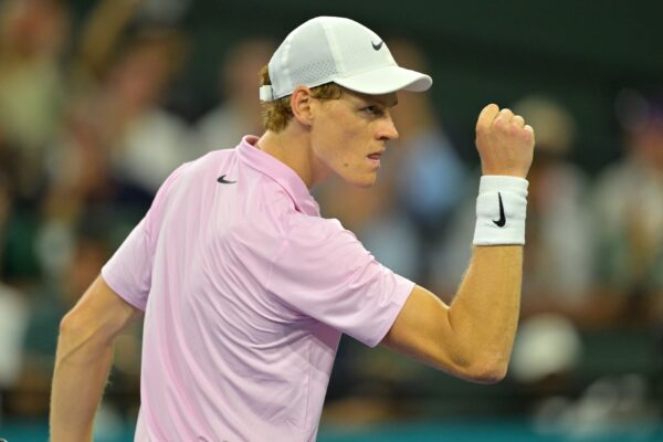 Mar 10, 2026; Indian Wells, CA, USA; Jannik Sinner (ITA) reacts after defeating Joao Fonseca (BRA) in the fourth round of the BNP Paribas Open at the Indian Wells Tennis Garden.