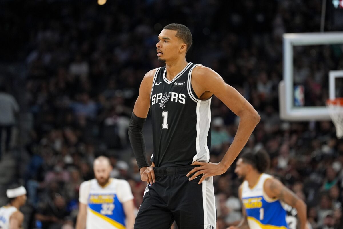 San Antonio Spurs forward Victor Wembanyama (1) looks over in the first half against the Indiana Pacers at Frost Bank Center.