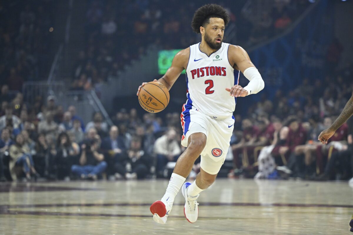 Detroit Pistons guard Cade Cunningham (2) dribbles the ball in the first quarter against the Cleveland Cavaliers at Rocket Arena.