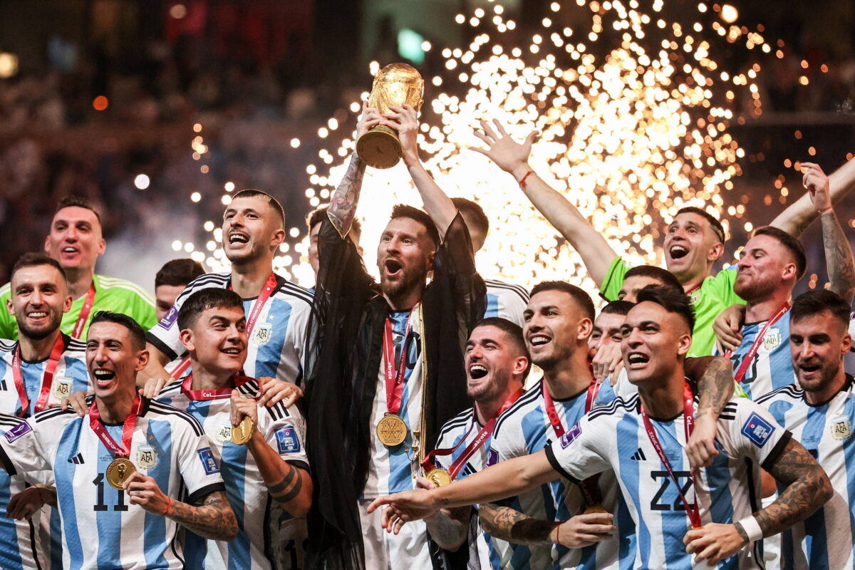 QATAR, LUSAIL - DECEMBER 18, 2022: Team Argentina celebrate during the trophy ceremony for the 2022 FIFA World Cup, WM, Weltmeisterschaft, Fussball final football match between Argentina and France at Lusail Iconic Stadium. Argentina won 3-3 (4-2) in a penalty shootout.