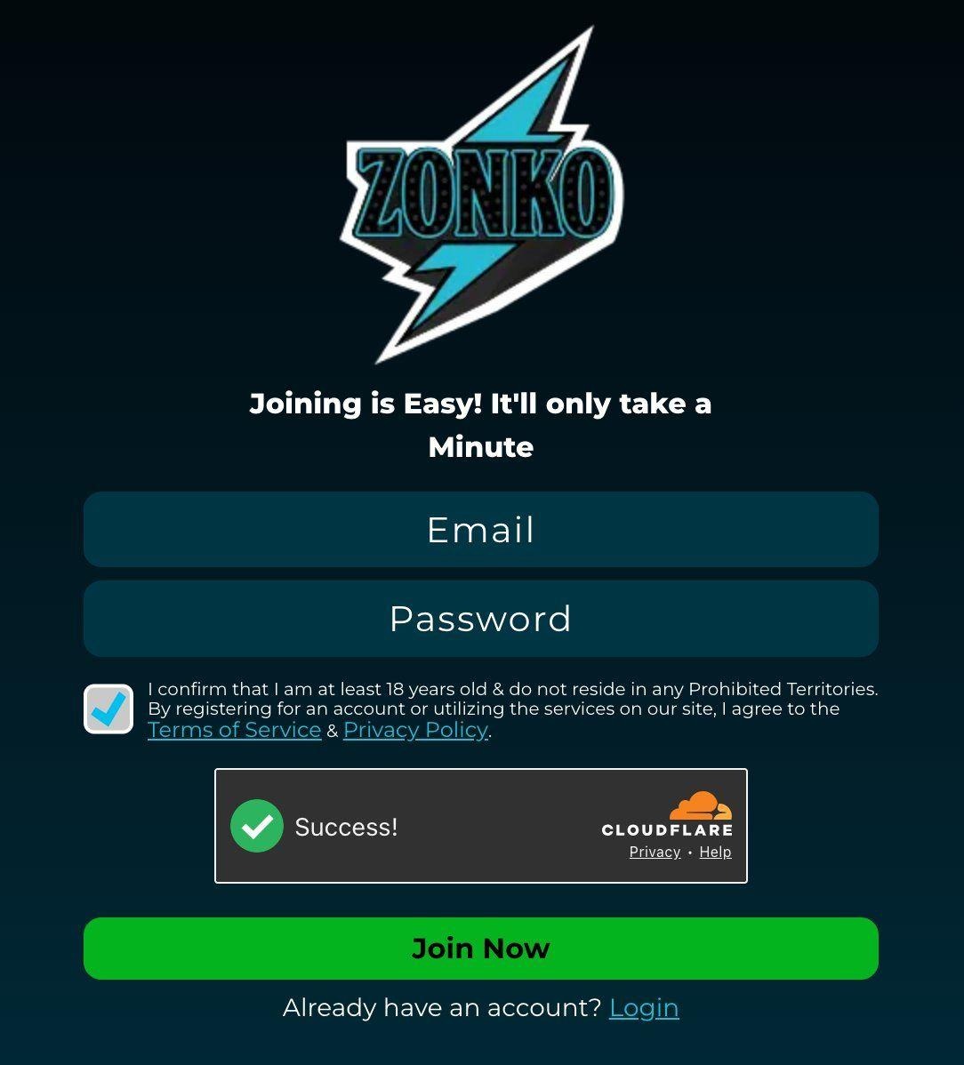 Zonko signup screen: email, password and an 18+ confirmation, no promo code field Claim the Zonko Bonus