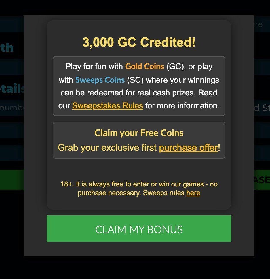 Zonko confirms 3,000 GC credited on signup, with a no-purchase-necessary note Claim the Zonko Bonus