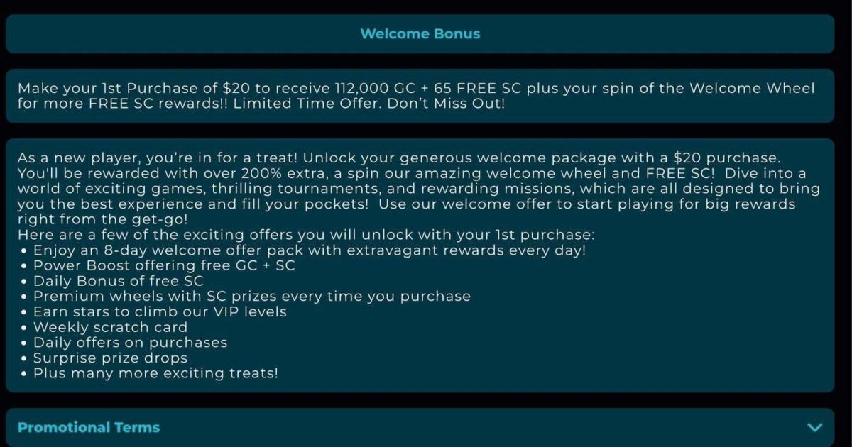 Zonko Welcome Bonus: 112,000 GC + 65 free SC plus a Welcome Wheel spin for a $20 first purchase Zonko Promo Code