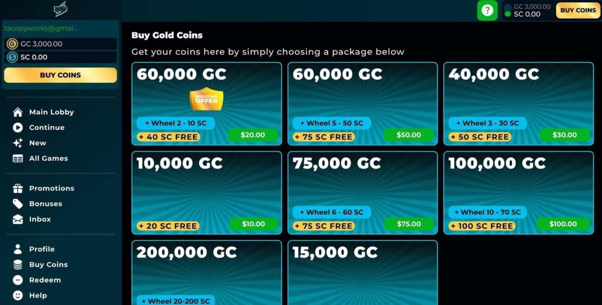 Zonko Buy Gold Coins store, showing package prices, free SC and wheel levels Zonko Bonuses and Promotions