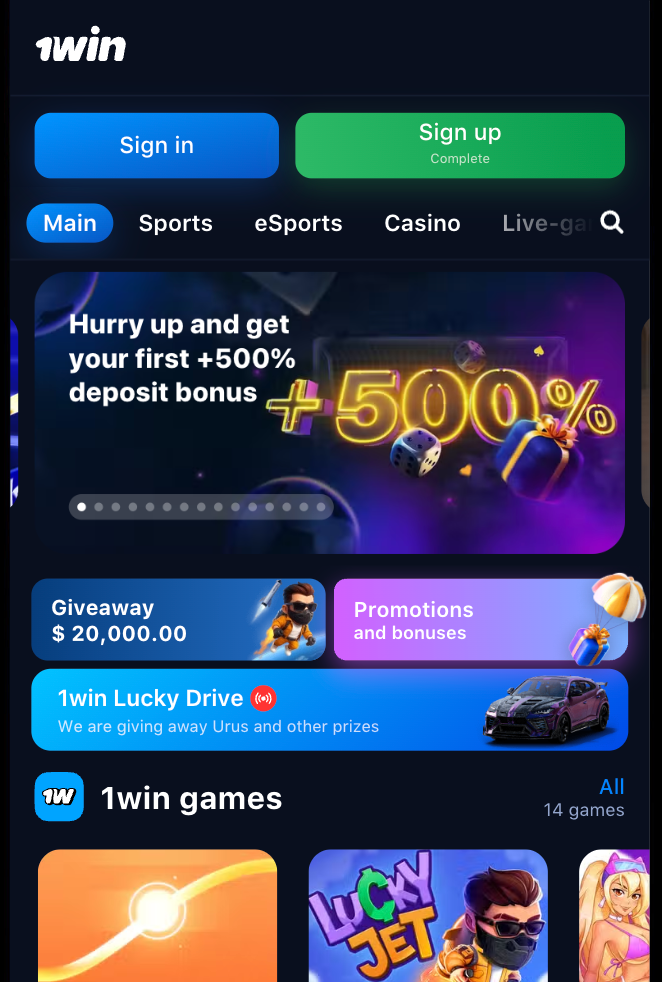 1win mobile homescreen