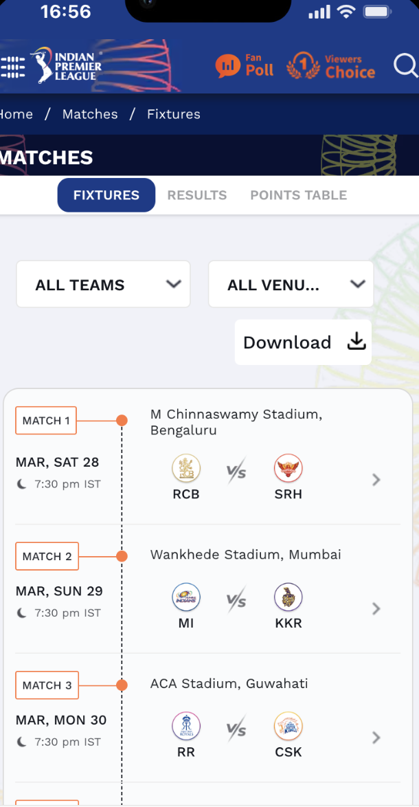 IPL fixtures official site