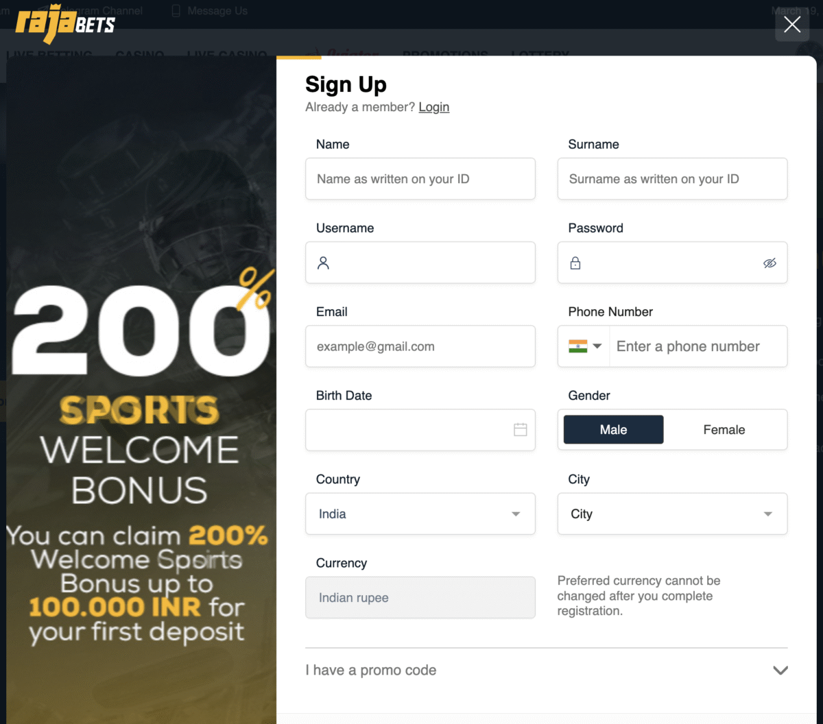 rajabets registration form