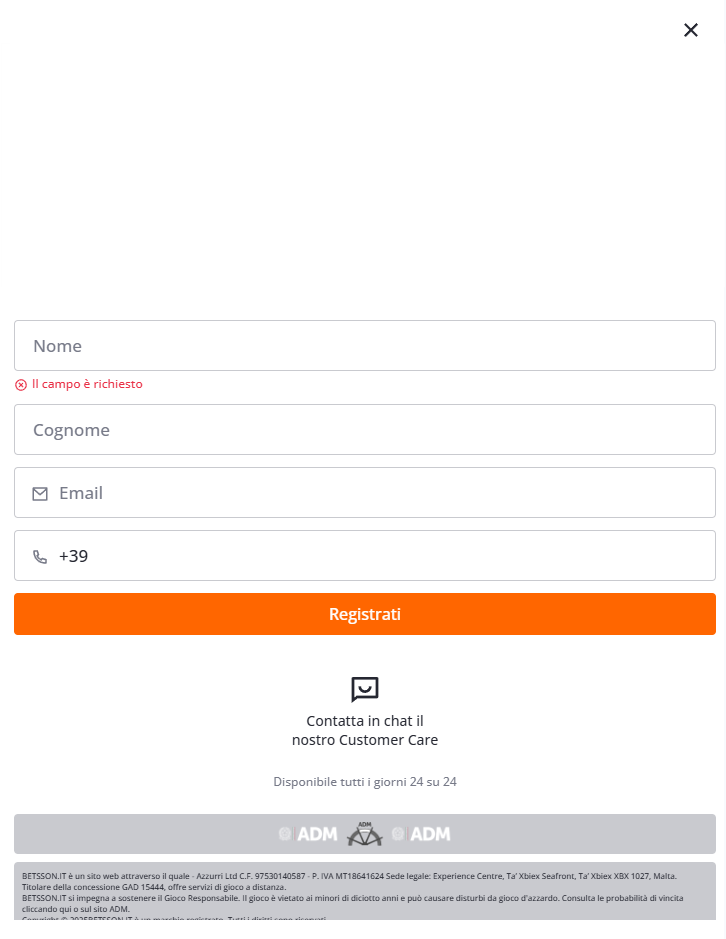 Registrazione classica su Betsson: tutti i passaggi da seguire
Compilare i dati personali: nome, cognome, email, cellulare.