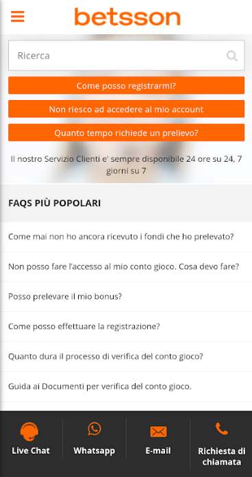 Dettagli sul servizio clienti betsson