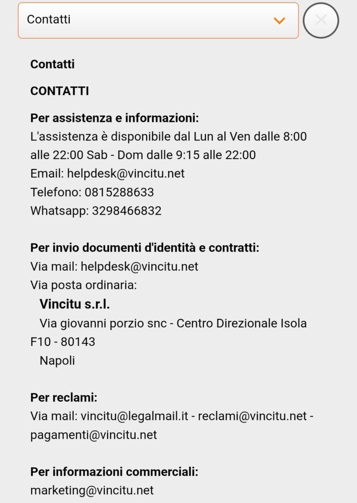 VinciTu dettagli dell’Assistenza clienti