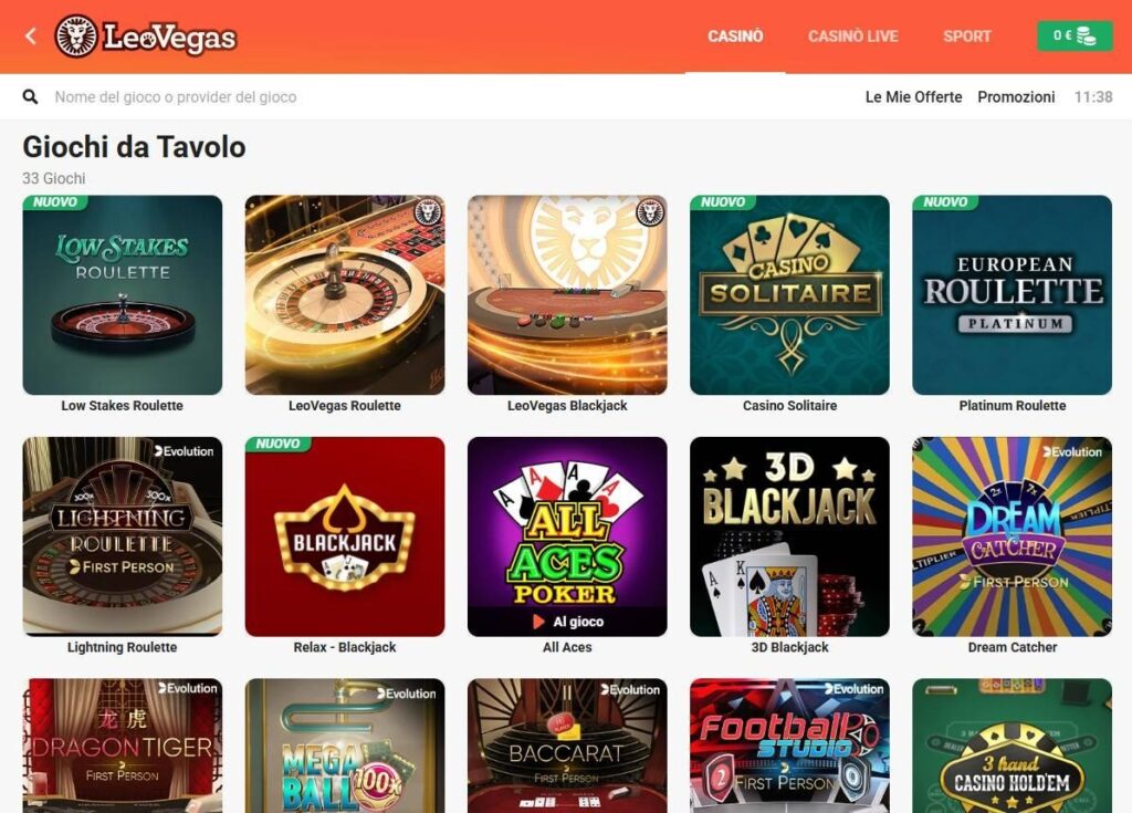 LeoVegas Giochi da tavolo