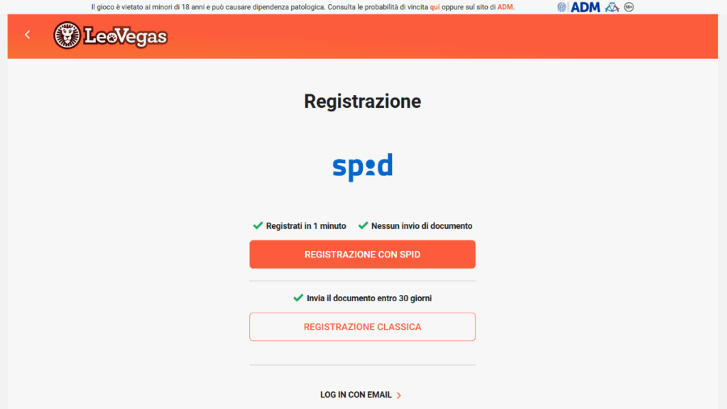 Registrazione rapida con SPID/CIE su LeoVegas
