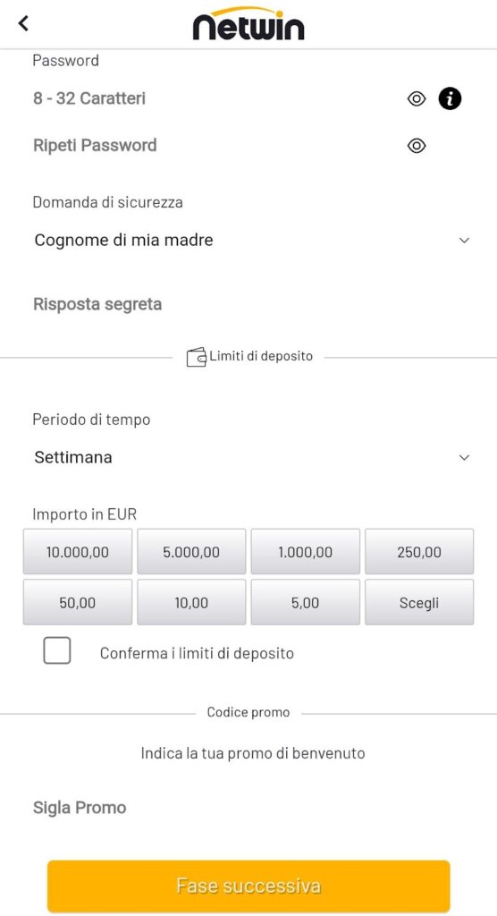 Inserire il codice promozionale NetWin